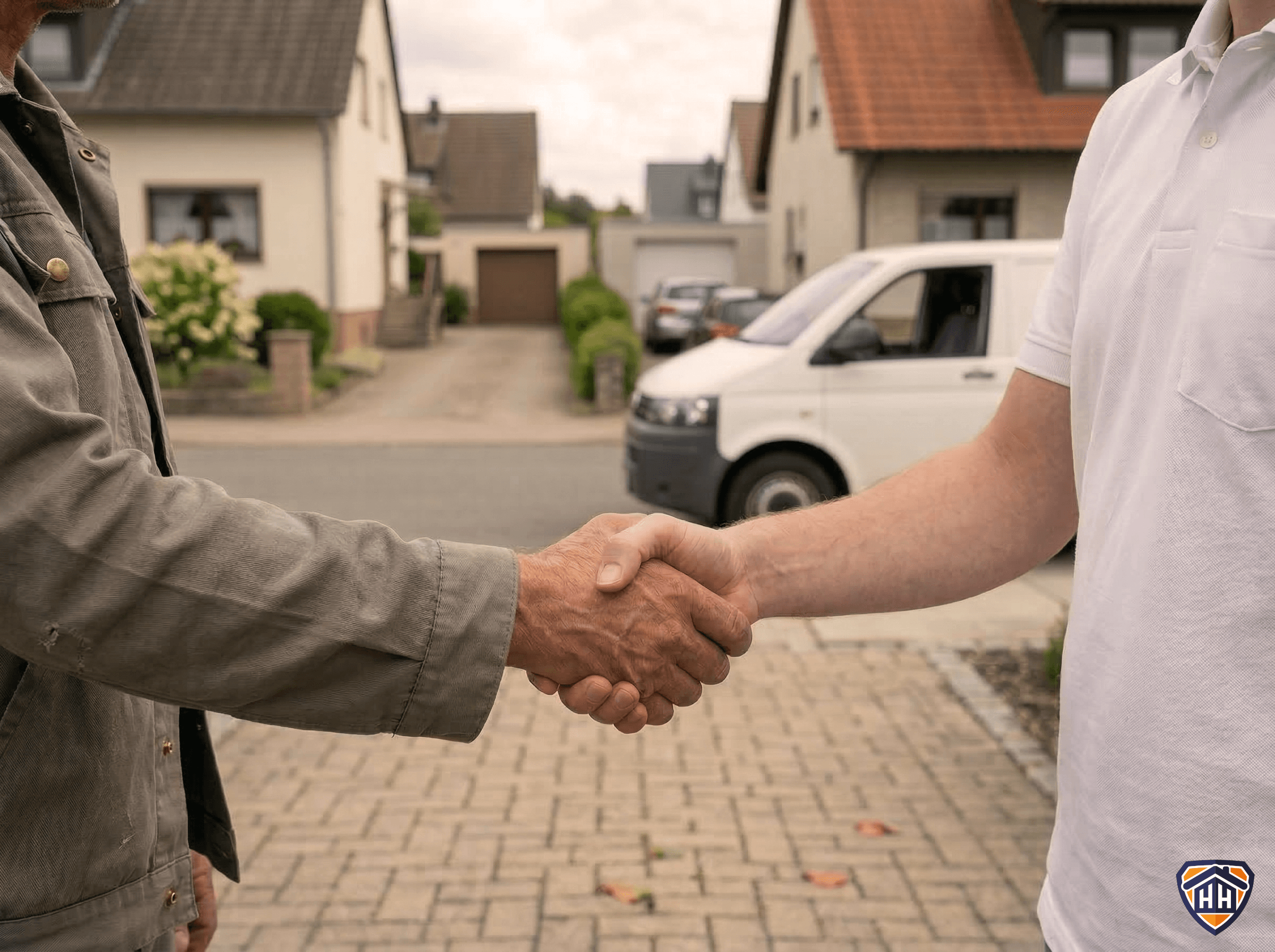 Handschlag zwischen Kunde und MyHomeHeroes Handwerker vor Service-Van